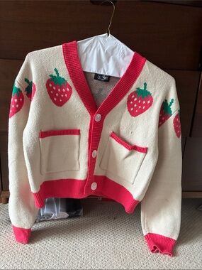 Cream Strawberry Knit Cardigan with Pink Trim